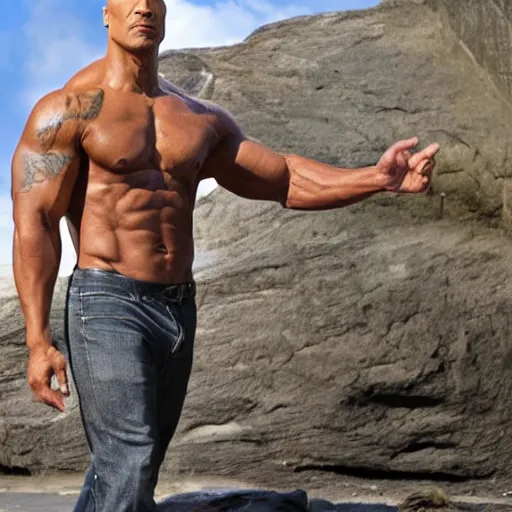 Image similar to Dwayne the rock Johnson with a really big forehead with abbs