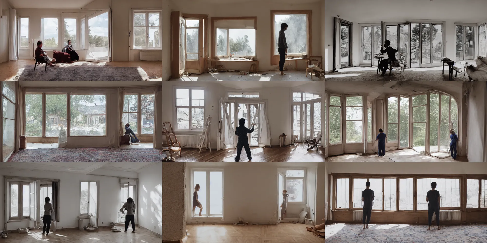 Prompt: person in pyjamas standing near window, turned back to camera, cinematographic, sun rays, daylight, one big french door window with walls to the sides, windowsill, big spacious room, carpet at the floor, furnished room, anamorphic shot lens, window at the center, wooden floor, modern, photorealistic, high ceiling