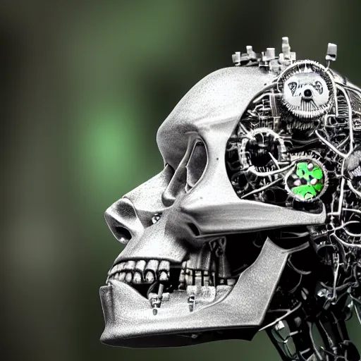 Prompt: very detailed portrait 55mm photo of a mechanical crystal head without skin, optic fiber nerves, gears in his head and cybernetic enhancements with no plating. with cybernetics. Has cameras for eyes. In the forest with bokeh. Ray tracing and tessellation. Very sharp high detailed 8k image