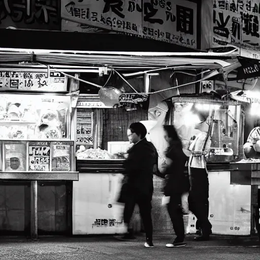 Image similar to candid street photography of a night market food stall by hisaji hara