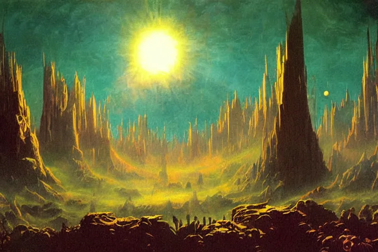 Image similar to miskatonic university big bang inscape in the style of dr. seuss,'2 0 0 1 a space odyssey ', painting by albert bierstadt