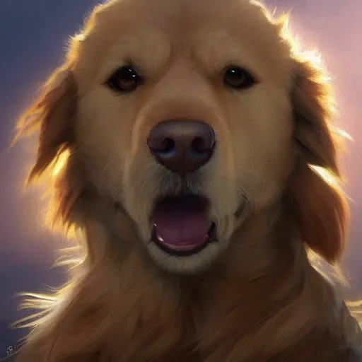 Prompt: portrait of a fluffy golden retriever dog, happy with his mouth open, D&D, fantasy, intricate, cinematic lighting, highly detailed, digital painting, artstation, concept art, smooth, sharp focus, illustration, art by Artgerm and Greg Rutkowski and Alphonse Mucha