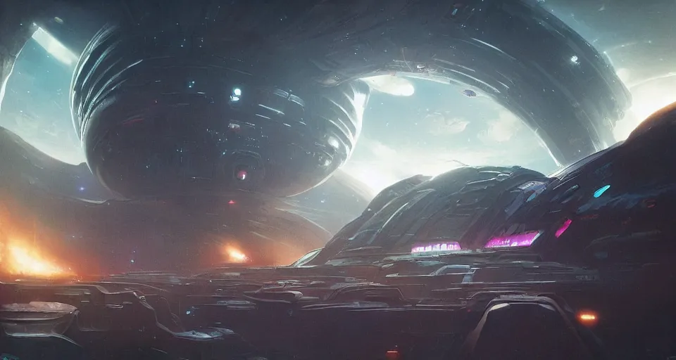 Image similar to Retro futuristic Sci-Fi space scene by Ridley Scott and Greg Rutkowski, Giant Aztec spaceship, nebulas swirls