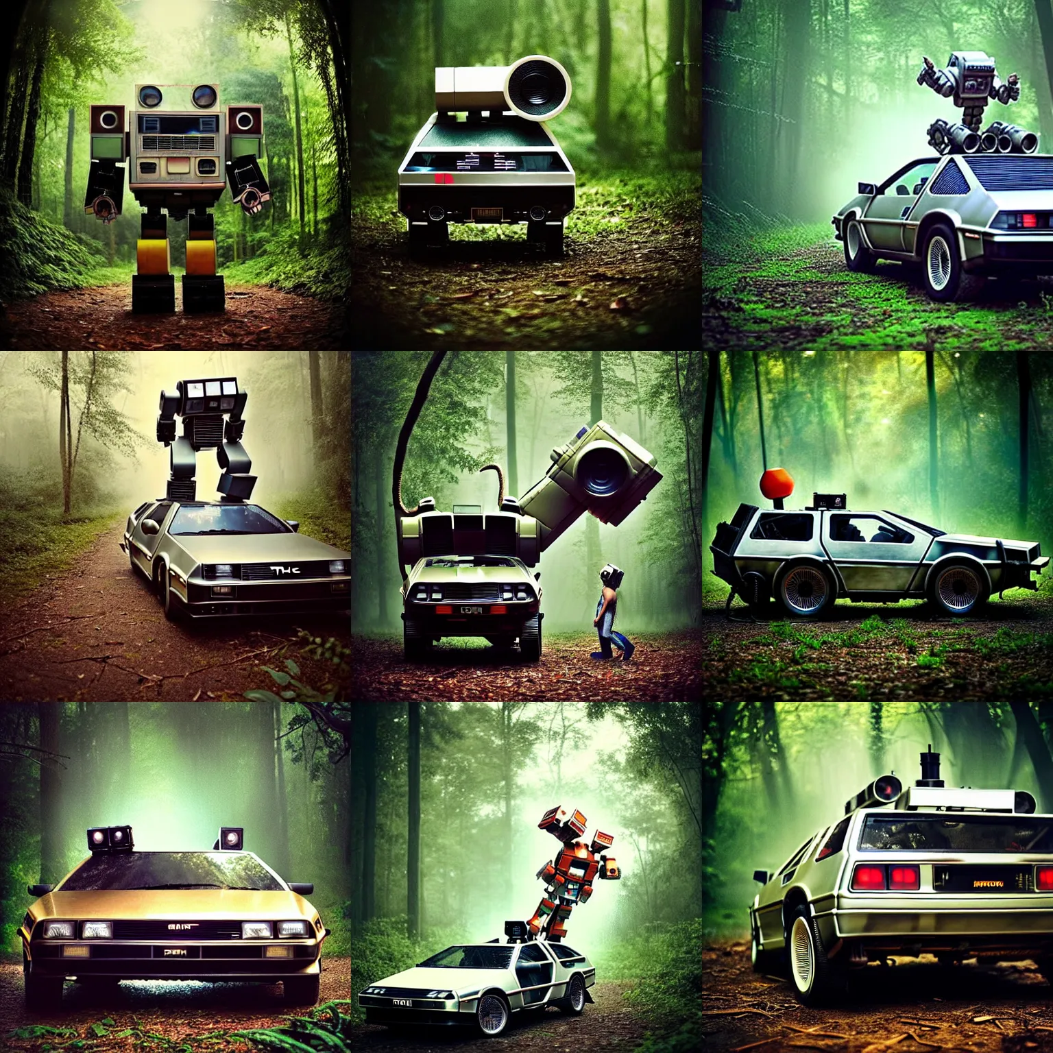 Prompt: low saturation photograph!! giant oversized battle rabbit robot delorean fusion chubby mech transformers retro boombox delorean mixed with mecha robot, in forest jungle, cinematic focus, polaroid photo, vintage, neutral dull colors, soft lights, foggy, overcast by oleg oprisco, by thomas peschak, by discovery channel, by victor enrich, by gregory crewdson