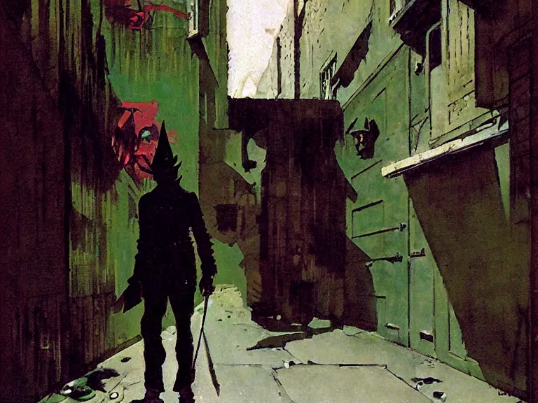 Prompt: green goblin in an alley by mead schaeffer