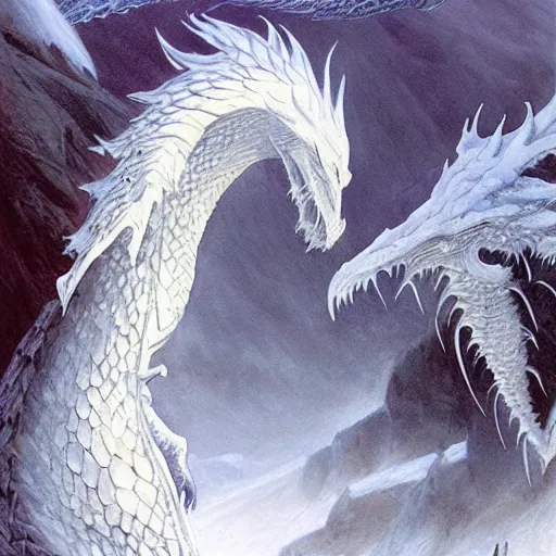 Prompt: a white dragon breathing frost, dungeons and dragons, digital art, by John Howe and Alan Lee and Larry Elmore