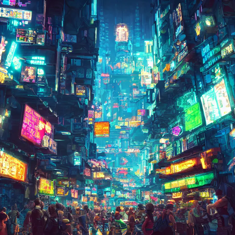 Prompt: fantastic lighting, pixel art, high detail, cyberpunk market, 2 d