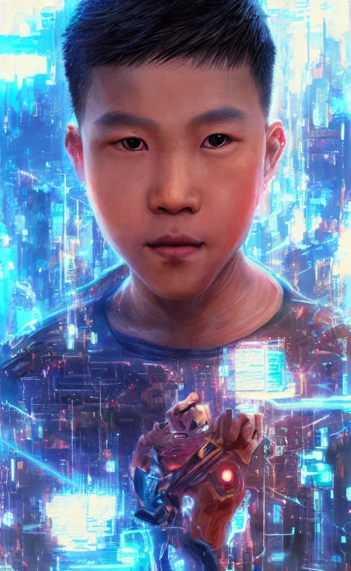 Prompt: an intricate, detailed face of a asian boy, skin made of intricate electronic glowing circuits with laserbeams transporting energy melted into liquid ferrofluids, unreal engine, trending on artstation, bladerunner 2049, by John Berkey