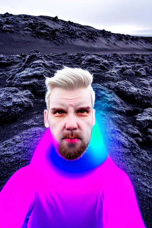 Image similar to high quality pastel coloured film wide angle selfie photograph of a plain looking cute looking male with cyber enhancement standing in an icelandic black rock environment. sarcastic expression. three point light. photographic. art directed. pastel colours. volumetric light. stark. waves. 8 k. filmic.