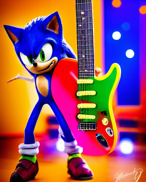 Prompt: A colorful studio portrait of Sonic the Hedgehog playing electric guitar in the style of a zany comedy movie; bokeh, 90mm, f/1.4