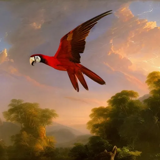 Image similar to gorgeous macaws flying at dawn in the distance through the forest, jungle mountains in the background, highly detailed, heavenly lighting, trending on art station, very detailed birds, painting by thomas cole