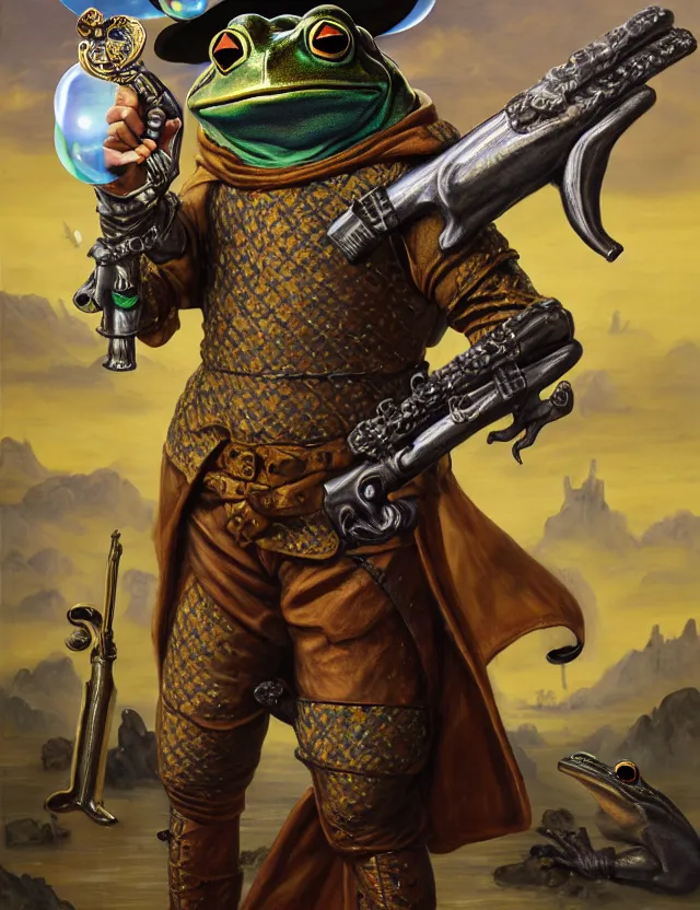 Image similar to anthropomorphic bipedal frog that is dressed as a medieval fighter, and dual wielding revolver pistols, as a baroque oil painting and d & d character art, by alex grey, standing, fullbody, floating bubbles, enlightenment, mystic, concept art, award - winning, extremely detailed, sharp focus