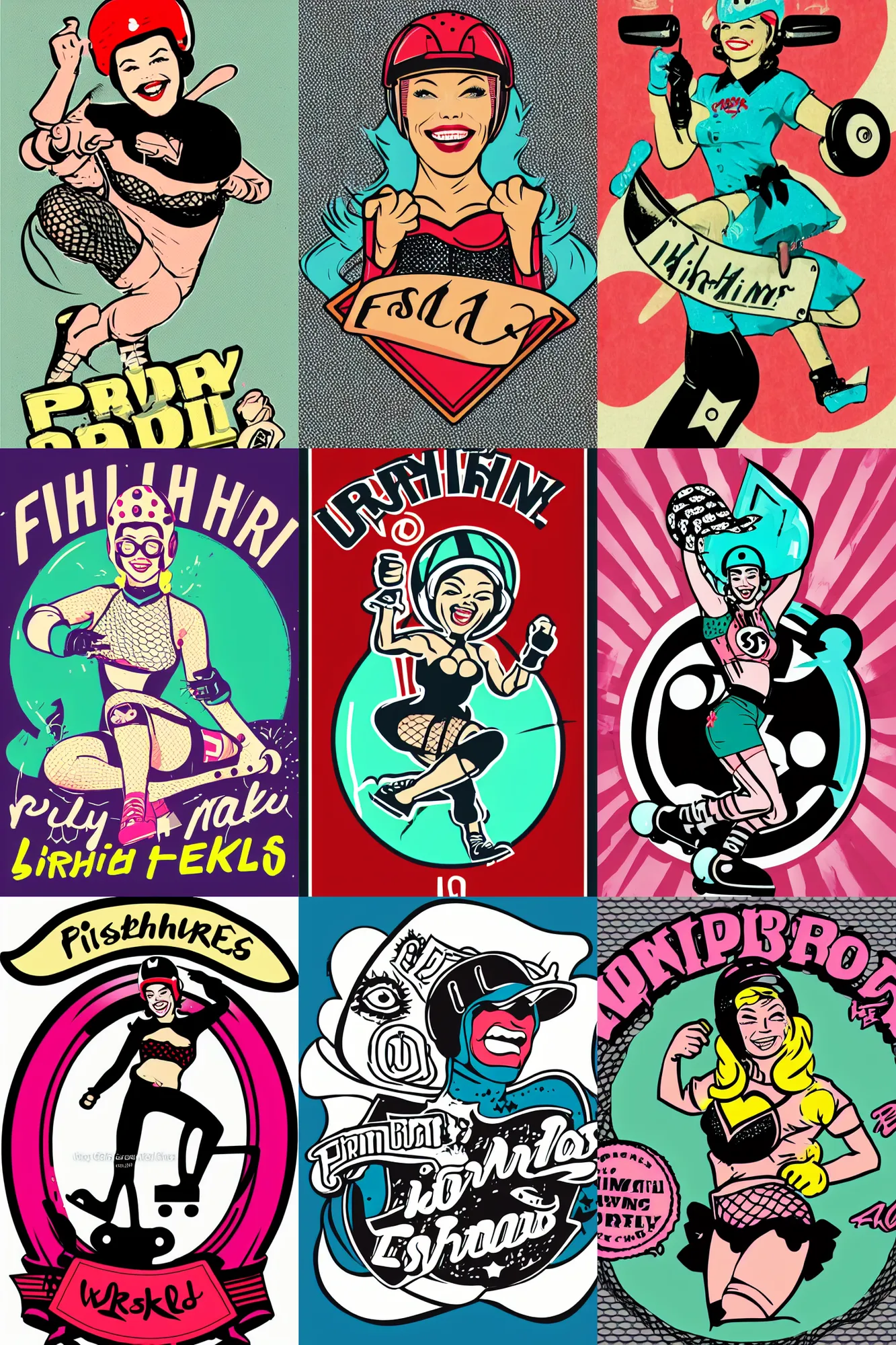 Prompt: illustrated logo, pretty roller derby girl, wearing fishnets, smile 1950s, winking, wearing roller derby helmet