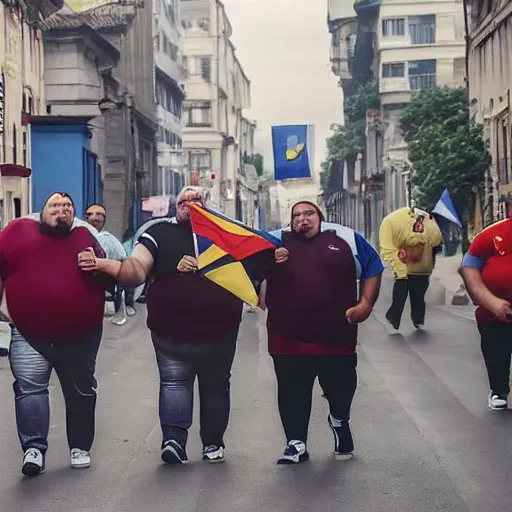 Prompt: a group of obese men walking through a street, the romanian flag is in the background in the sky, hyper realistic, very detailed.