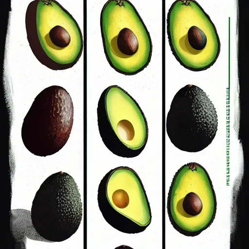 Image similar to four avocados lined up in a row, white background, dramatic lighting, illustration by greg rutkowski, yoji shinkawa, 4 k, digital art, concept art, trending on artstation