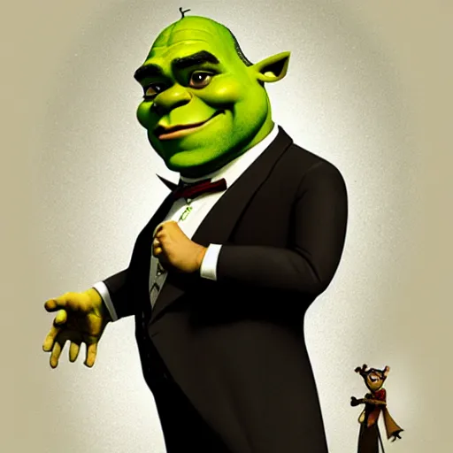 Prompt: handsome shrek in a tuxedo, highly detailed, digital painting, artstation, concept art, sharp focus, illustration, art by greg rutkowski and alphonse mucha