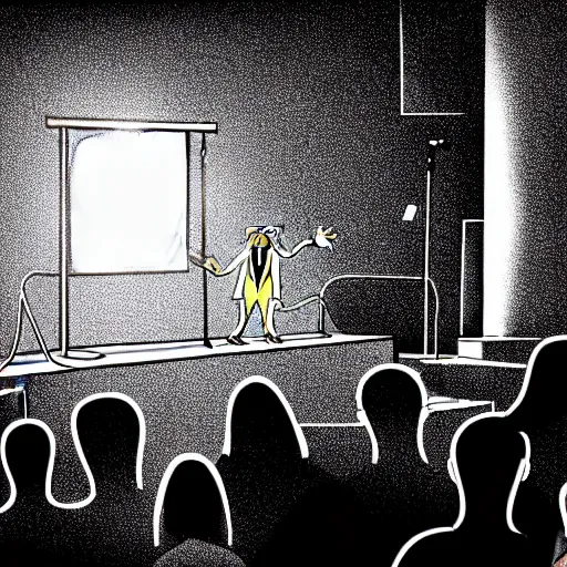 Image similar to an illustration from the backstage of a politician giving a speach to a crowd in a theather, theres are strings attached to the politician being controled by a creature in the shadows like a big goblin laughing mischievously, people don't seem to notice an cherish the spaeker, wide lens, volumetric lighting,