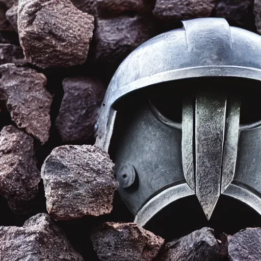 Prompt: a spartan helmet sitting in a bowl on hot coals, 8 k