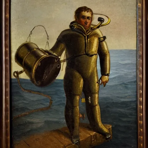 Prompt: 19th century romantic painting of a deep see atmospheric diving suit salvaging a submarine