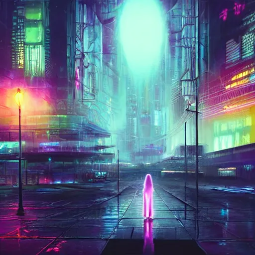 Prompt: 'a surreal dreamlike scene of a lone ghostly spirit wisp floating through a vibrant cyberpunk alien city at night, light rain, somber melancholic matte painting, highly detailed oil painting, liminal space, 8k, stillness, solitude, soft calm warm neon atmosphere, masterpiece'
