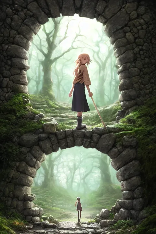 Image similar to a highly detailed matte painting of a teenager with shaggy hair and hip clothes standing in front of a stone gate in the elven forest ruins, by studio ghibli, by artgerm, by wlop, by greg rutkowski, detailed face, perfect eyes, volumetric lighting, octane render, 4 k resolution, trending on artstation, masterpiece