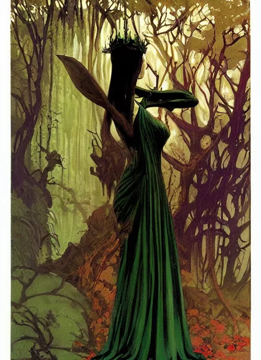 Image similar to mighty fey queen, vine dress, glowing forest, strong line, eerie color, beautiful! coherent! by frank frazetta, by brom