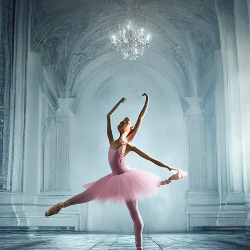 Image similar to full body pose, hyperrealistic photograph of stunning ballerina, dim volumetric lighting, 8 k, octane beautifully detailed render, extremely hyper detailed, intricate, epic composition, cinematic lighting, masterpiece, trending on artstation, very very detailed, stunning, hdr, smooth, sharp focus, high resolution, award, winning photo, dslr, 5 0 mm