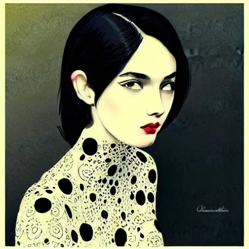 Image similar to elegant, fasionable sophisticated young emo woman in her early 2 0 s, intricate automatism, baroque, batik, ben - day dots by, norman rockwell, charles schulz, artgerm, vogue italia, trending on pinterest.