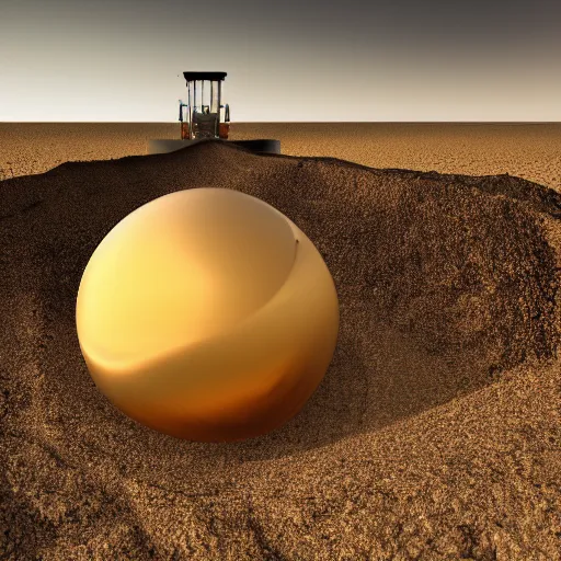 Image similar to in the center of a large sand quarry in the sand lies a large golden ball, a broken excavator is standing nearby, an anomalous air funnel is nearby, book illustration stylization, high quality, depth of sharpness, focus on the object