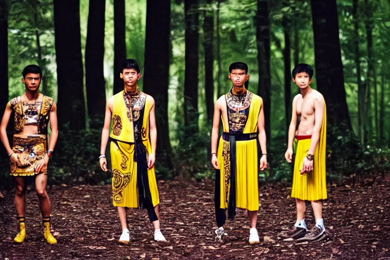 Image similar to versace avant garde male roman toga intricate textiles streetwear cyberpunk asian american in the woods overcast late evening dramatic 3 5 mm professional color