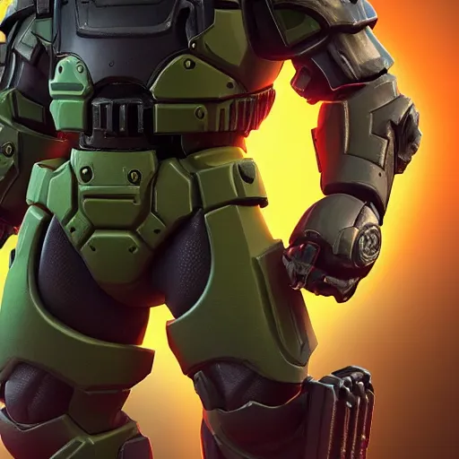 Image similar to doomguy in fortnite, 4 k, high detail, high - resolution photograph, professional photography, ultra - detail