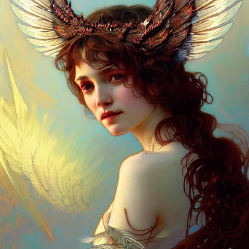 Prompt: Portrait of a winged girl angel wearing an intricate feather headdress, fantasy, intricate, elegant, highly detailed, digital painting, artstation, concept art, smooth, sharp focus, illustration, art by Krenz Cushart and Artem Demura and alphonse mucha