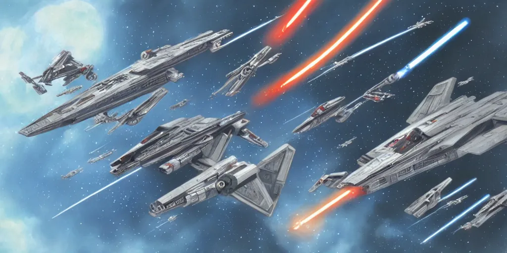 Image similar to Star Wars concept art of the an X-wing battle in space by Ryan Church