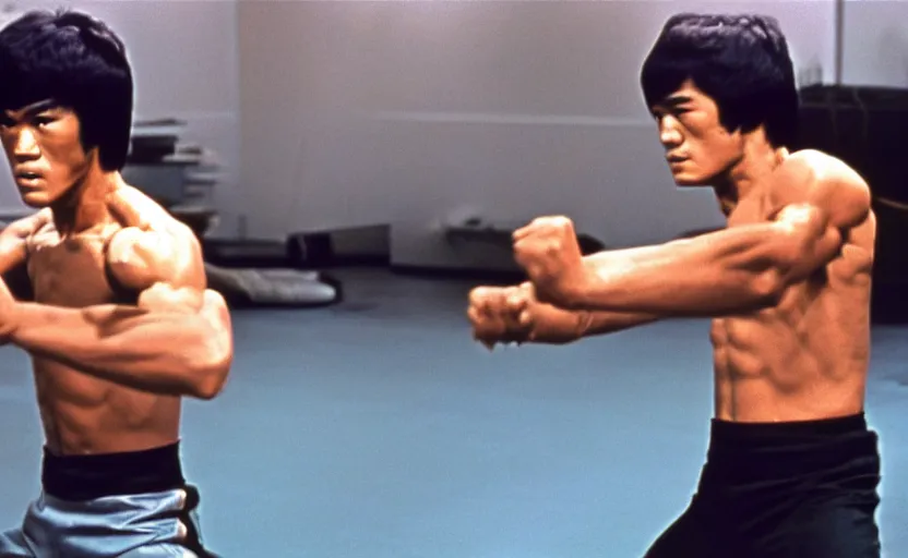 Prompt: 7 0 s movie still of bruce lee with mechanical robotic arms, kodachrome, cinecolor, cinestill, highly detailed, photorealistic, cinematic, film grain,