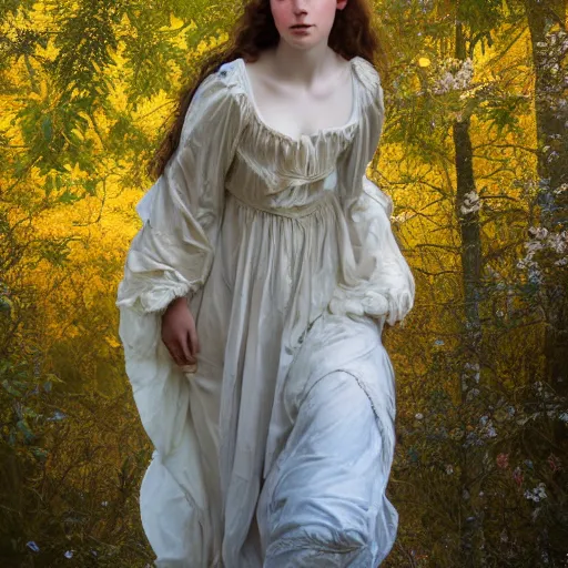 Prompt: painting of a pre - raphaelite girl dressed in nature with a growd of ancient greek full body towers of people, 5 0 mm lens, f 1. 4, sharp focus, ethereal, emotionally evoking, head in focus, volumetric lighting, blur dreamy outdoor,