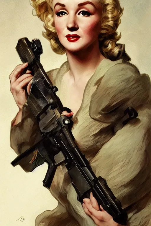 Prompt: beautiful cottagecore Marylin Monroe holding a rifle. intricate, elegant. highly detailed, digital painting, artstation, concept art, smooth, sharp, focus, illustration. . art by artgerm and greg rutkowski and alphonse mucha