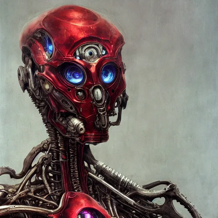 Prompt: in the art style of H.R. Giger a portrait of a ruby Ultron from Age of Ultron, clockwork steampunk, head and chest only, by Beksinski, 4k, deviantart, trending on artstation