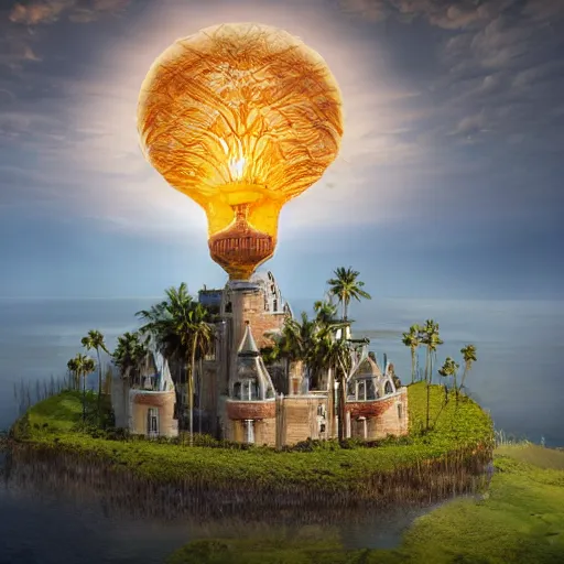 Image similar to a castle surrounded by giant palm trees on a giant floating island in the sky, giant light bulb glowing in the sky, cinematic, digital art by erik johansson, 8 k resolution, hyper detailed, sharp focus