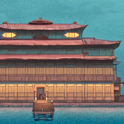 Prompt: a hotel that looks like the bathhouse in spirited away, in the style of Keen Art on ArtStation, 4k,