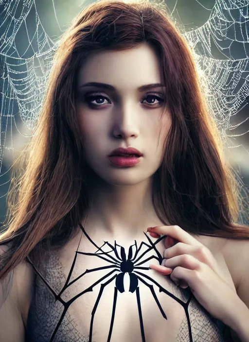 Image similar to a gorgeous female cover with spider webs photo, professionally retouched, soft lighting, realistic, smooth face, full body shot, torso, dress, perfect eyes, wide angle, sharp focus on eyes, 8 k high definition, insanely detailed, intricate, elegant, art by artgerm and jason chan and mark litvokin
