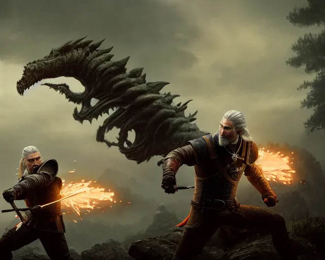 Image similar to 5 5 mm portrait photo of geralt fighting a 5 headed hydra. magical atmosphere. art by greg rutkowski. highly detailed 8 k. intricate. lifelike. soft light. nikon d 8 5 0.