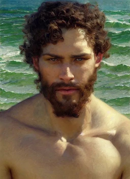 Prompt: detailed cinematic wide shot of muscular attractive young mulatto man beard slim face symmetrical face tanskin green eyes shaved hair wearing sea clothes, ultra realistic, spring light, painting by gaston bussiere, craig mullins, j. c. leyendecker