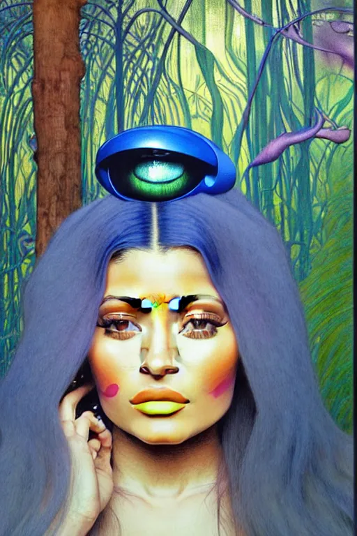 Image similar to realistic detailed face portrait painting of the beautiful kylie jenner with long hair with sci-fi headwear, futuristic sci-fi forest on background by Jean Delville, Amano, Yves Tanguy, Alphonse Mucha, Edward Robert Hughes, Roger Dean, moebus, hilma AF klint rich moody colours, blue eyes