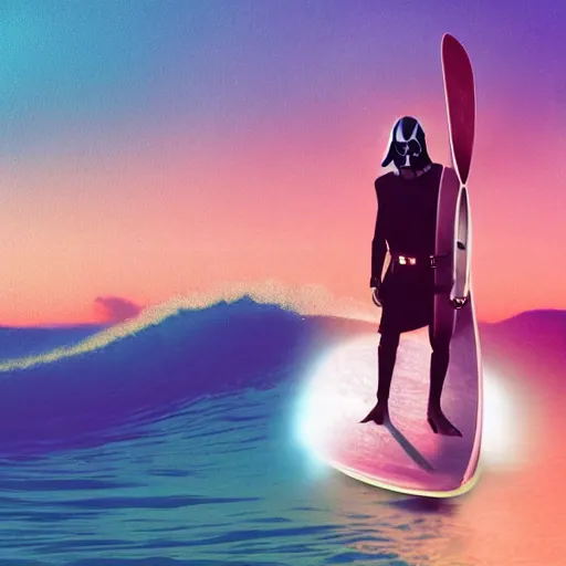 Image similar to darth plagueis the wise on a surfboard at sunset, vaporwave aesthetic, highly detailed