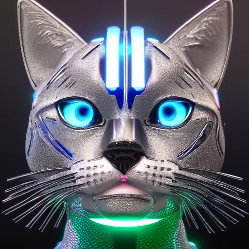 Prompt: chrome cat, glossy, metallic, neon, symmetrical, tribal patterns, realistic, unreal engine, octane, redshift, artstation, behance