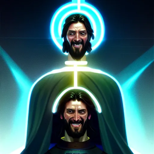 Prompt: tron legacy jesus laughing at church, diffuse lighting, hyper realistic, concept art, intricate, hyper detailed, smooth, sharp focus, illustration, trending on artstation, art by greg rutkowski and james gurney and alphonse mucha