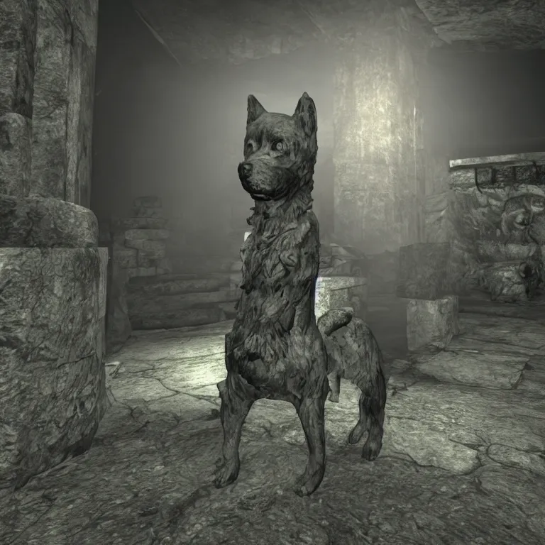 Image similar to a grey and rough hewn shiba inu statue guarding a draugr tomb, light coming in through cracks, skyrim pc screenshot