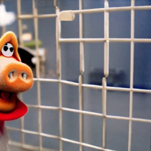 Prompt: miss piggy as guard at a maximum security muppet prison. she is taking a handcuffed animal to solitary confinement + photorealistic - h 6 4 0