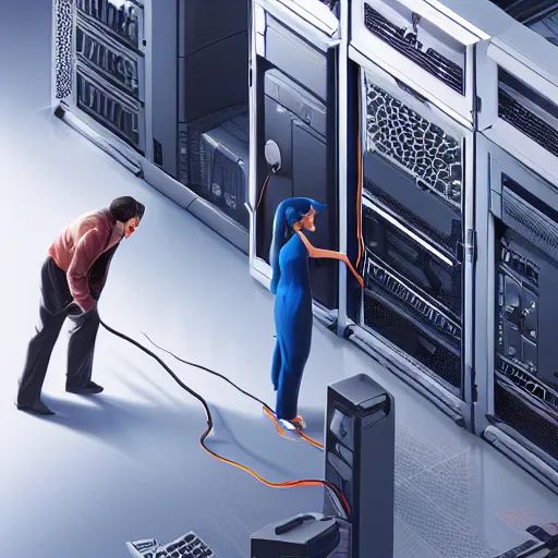 Prompt: illustration an it guy who is plugging a girl through cables to a computer and it cabinet. the girl looki like a mix of emma watson and scarlett johansson and nathalie portman, very details, cinematic render, matte painting by david rutkowski, by artgem