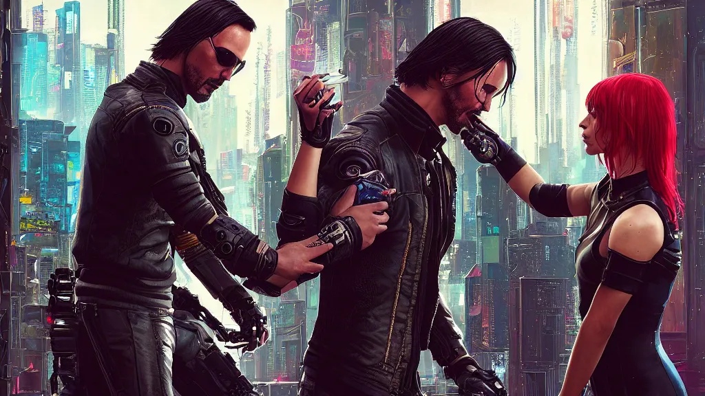 Image similar to a cyberpunk 2077 srcreenshot wedding couple portrait of a Keanu Reeves and a female android final kiss,love,film lighting,by Laurie Greasley,Lawrence Alma-Tadema,Andrei Riabovitchev,Dan Mumford,John Wick,Speed,Replicas,artstation,deviantart,FAN ART,full of color,Digital painting,face enhance,highly detailed,8K,octane,golden ratio,cinematic lighting